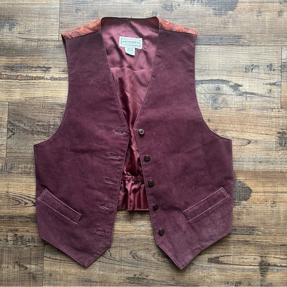 Vintage Arizona Men’s Suede Vest Red Leather Moto 70's Funky Cowboy Size Medium